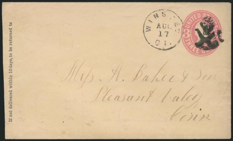 3c Pink, entire (U58).> Bright color, cancelled by <Skull and Crossbones> fancy cancel, matching Winsted Ct. Aug. 17 circular datestamp to Pleasant Valley Conn., Very Fine strike