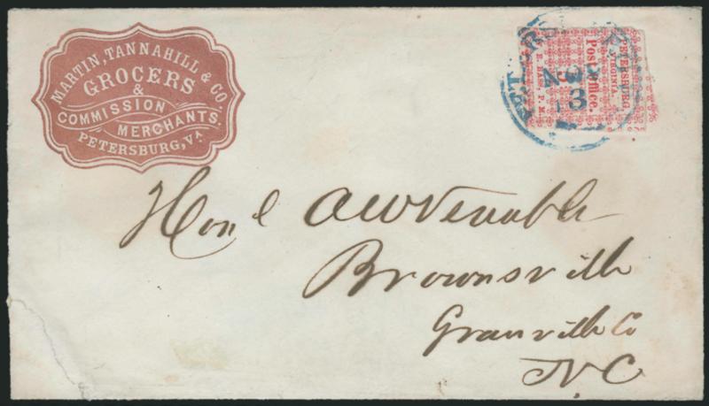 Petersburg Va., 5c Red (65X1).> Position 9, large margins showing parts of adjoining stamps to slightly in at upper left, bright shade, tied by blue Petersburg Va. Nov. 12 (1861) circular datestamp on <grocer
and commission merchants brown cameo c