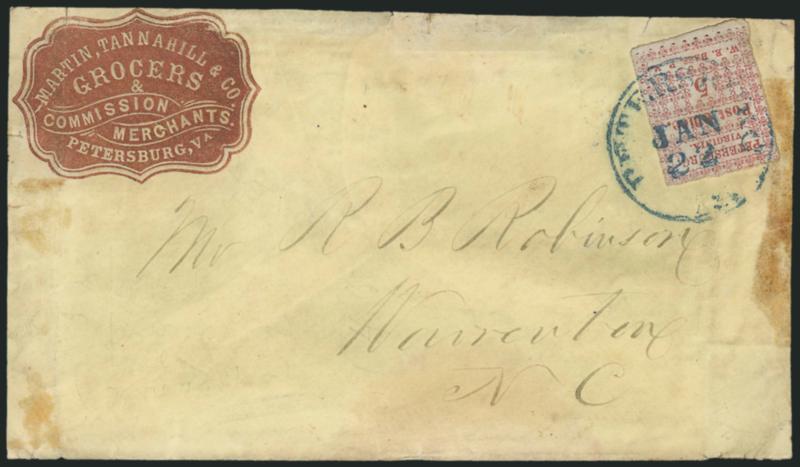 Petersburg Va., 5c Red (65X1).> Position 7, margins clear to slightly in at top, tied by blue Petersburg Va. Jan. 22 (1862) circular datestamp on <grocer and commission merchants brown cameo corner card> cover
to Warrenton N.C., backflap removed,