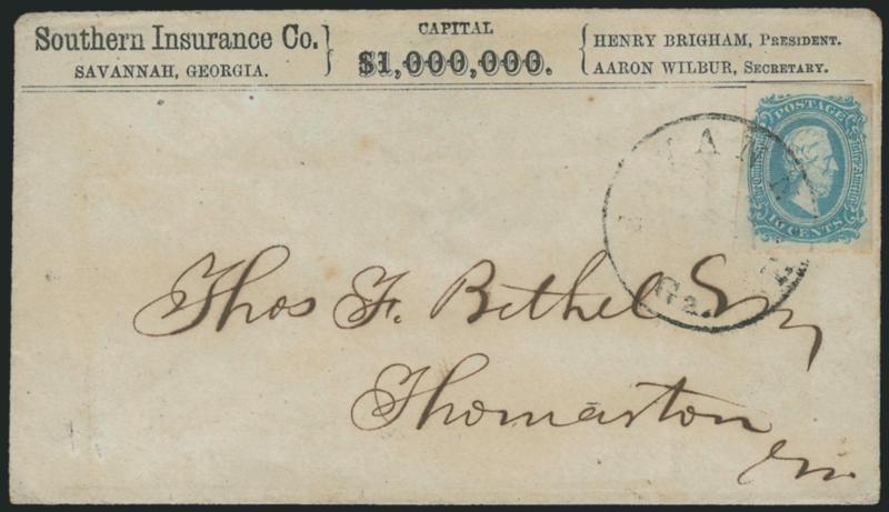 10c Milky Blue, Die A (11a).> Large even margins, beautiful early printing shade, tied by Savannah Ga. circular datestamp on <Southern Insurance Co.> imprint cover to Thomaston Ga., Extremely Fine