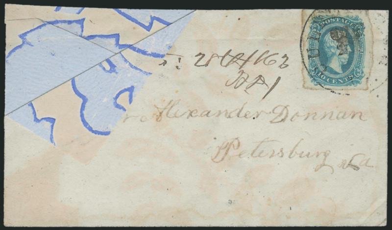 10c Blue, Die A (11).> Large margins all around, rich color and proof-like impression, tied by Culpepper C.H. Va. circular datestamp (date unclear) on <blue and cream wallpaper> cover to Petersburg Va., 1863
docketing, slightly reduced at top, Very
