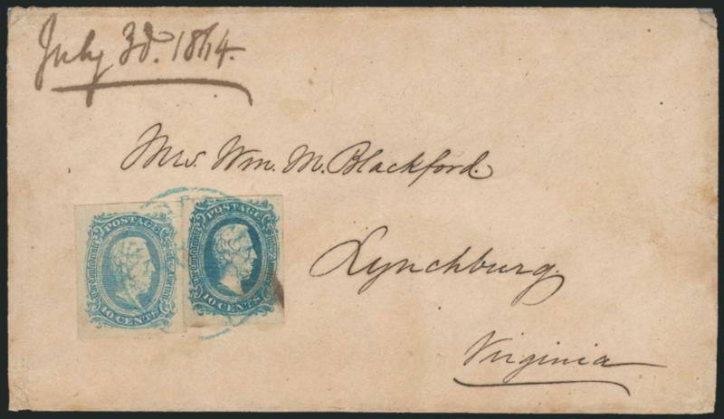 10c Blue, Die A (11).> Two, different shades, ample to large margins, tied by blue Petersburg Va. Jul. ? circular datestamp on homemade cover to Lynchburg Va., receipt docketing <<July 30, 1864,>> one stamp has
ink smear, both slightly wrinkled,