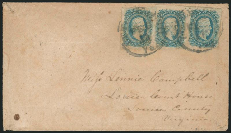 10c Blue, Die A (11).> Impression suggests K & B printing (identified as such on back), pair and single, large margins almost all around, touched at bottom right, tied by black Petersburg Va. Feb. 11 (1865)
circular datestamp on homemade cover to L