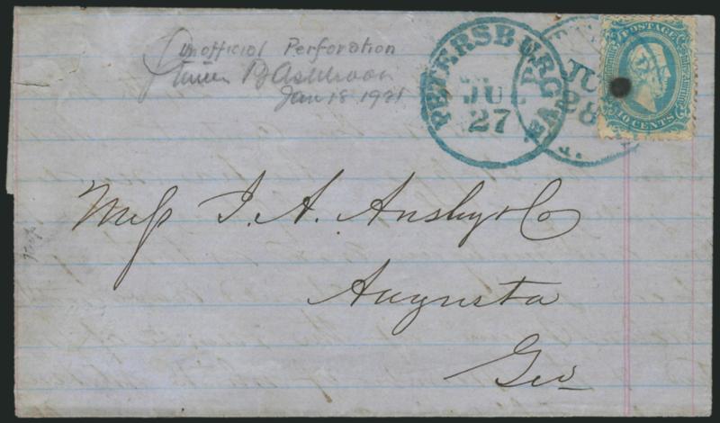 10c Blue, Die A, Unofficially Perforated (11 var).> Perf 12 all around, tied by blue Petersburg Va. Jul. 28 circular datestamp, second strike dated Jul. 27 at left on blue 1863 folded letter to Augusta Ga., ink
spot also ties stamp to cover, Fine,