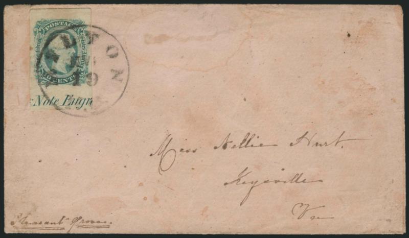 10c Greenish Blue, Die B (12c).> Huge margins incl. <bottom sheet margin with Note Engr portion of imprint,> tiny toned spot in left margin, tied by Milton N.C. Jan. 19 circular datestamp on cover to Keysville
Va., slight wear, waterstain at top
