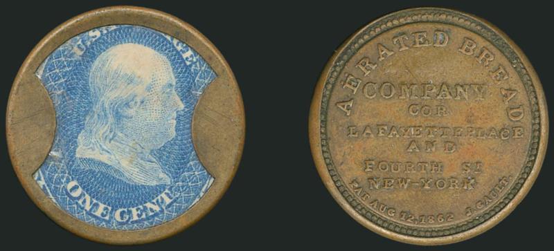 Aerated Bread Co., New York, 1c Blue (EP1).> Stamp with fresh color, slight mica wrinkling and lamination at left<><>^VERY FINE. AN EXCEPTIONAL EXAMPLE OF THE VERY RARE ONE-CENT AERATED BREAD COMPANY ONE-CENT
ENCASED POSTAGE.^<><>The Aerated Brea