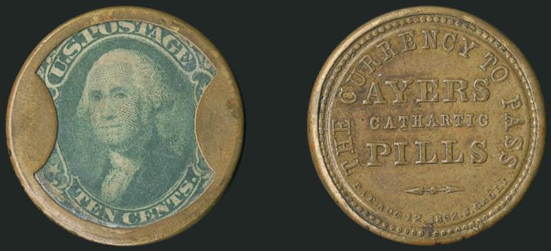 Ayers Cathartic Pills, Lowell Mass., 10c Green, Long Arrows (EP5).> Stamp nicely positioned with denomination label fully visible, typical mica flaws mainly along bottom, Very Fine, ex Mayer
