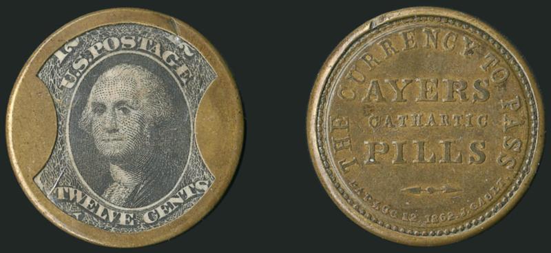 Ayers Cathartic Pills, Lowell Mass., 12c Black, Long Arrows (EP6).> Stamp well-positioned, some mica faults and small dent in rim nick about eleven oclock on reverse<><>^VERY FINE. A CHOICE EXAMPLE OF THIS RARE
AYERS 12-CENT LONG ARROWS VARIET
