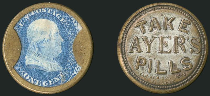Take Ayers Pills, 1c Blue (EP8).> Retains <large part of original silvering on reverse,> slight stamp bends and trivial mica flaw bottom right, Very Fine
