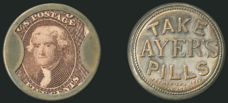 Take Ayers Pills, 5c Red Brown (EP10).> A good amount of <original silvering> on reverse, mica clear with only slight lamination, Extremely Fine, a rare encased postage with 5-10 reported in Reed census, this
Plain Frame variety is rarer than the Ri