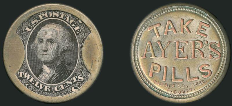 Take Ayers Pills, 12c Black (EP12).> Stamp beautifully positioned with U.S. Postage and Twelve Cents labels fully visible, <silvering on reverse> with the raised letters colored in a golden brown shade, slight
scratches on right obverse case tab