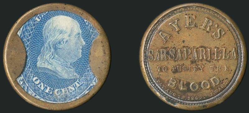 Ayers Sarsaparilla, 1c Blue, Medium Ayers (EP13).> Some mica cracking and crazing, Very Fine