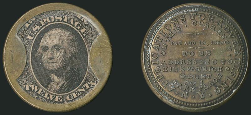 Kirkpatrick & Gault, New York, 12c Black (EP117).> Stamp mildly toned, mica intact with only minor imperfections, attractive case with a handsome dark brown reverse, Very Fine, scarce with only 10-12 known,
with 2006 P.F. certificate