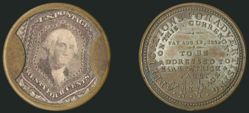 Kirkpatrick & Gault, New York, 24c Red Lilac (EP118).> Stamp with rich color and light wrinkles, shows full Twenty-four Cents label at bottom, minor mica crazing of no consequence, a beautiful case which
retains <over 50% of its original silvering>