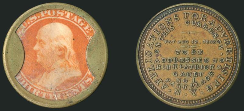Kirkpatrick & Gault, New York, 30c Orange (EP119).> Stamp with incredibly deep rich shade suggestive of the Deep Orange seen on the 30c First Color (Scott 61), superb positioning with labels at top and bottom
fully visible (this encasement is usually