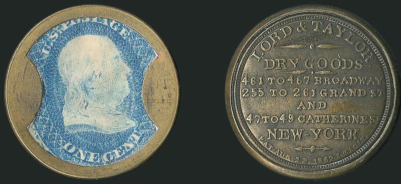 Lord & Taylor, New York, 1c Blue (EP121).> Stamp nicely positioned showing full denomination, mica is clear and has only the tiniest imperfections, Very Fine, a lovely example of this famous department stores
encased postage, much scarcer than its $