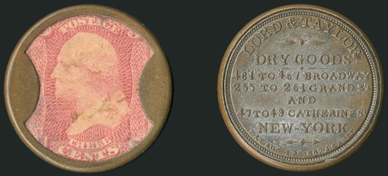 Lord & Taylor, New York, 3c Rose (EP122).> Stamp has rich color, usual trivial mica irregularities, choice reverse showing <virtually complete original silvering><><>^EXTREMELY FINE. A VERY DESIRABLE EXAMPLE OF
THE 3-CENT LORD & TAYLOR ENCASED POST