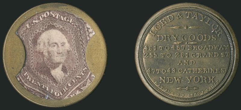 Lord & Taylor, New York, 24c Red Lilac (EP126).> Stamp has rich color, positioned with complete top and bottom labels, minor mica crazing, a nearly perfect case with pretty olive brown reverse<><>^EXTREMELY
FINE. THIS IS WITHOUT QUESTION ONE OF THE