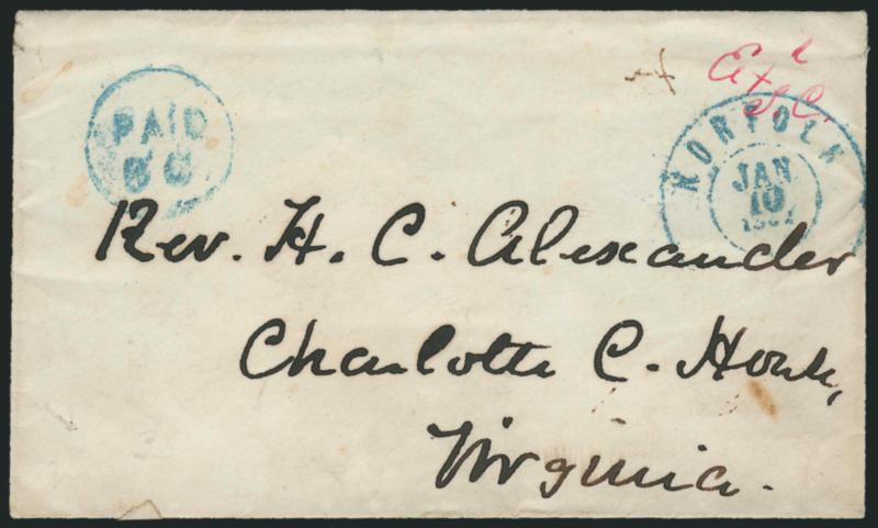 Norfolk Va. Jan. 10, 1862.> Blue double-circle datestamp and matching Paid 5c in circle handstamp on small <flag-of-truce> cover to Charlotte C.H. Va., red ms. Exd S.C. at upper right, <criss-crossed adhesive
strips> on back which held a coin tha
