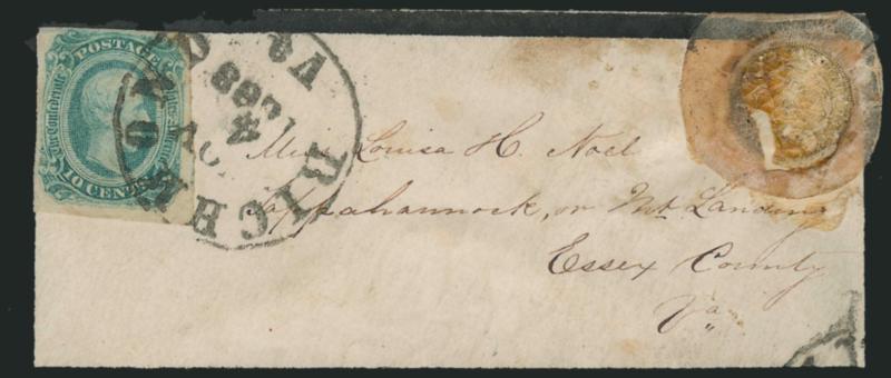 10c Greenish Blue, Die B (12c).> Large margins to clear at top, bright color, trivial corner crease, tied by bold Richmond Va. Nov. 4, 1863 circular datestamp on small <mourning envelope> to Rappahannock Va.,
adhesive and circular fastener remnants