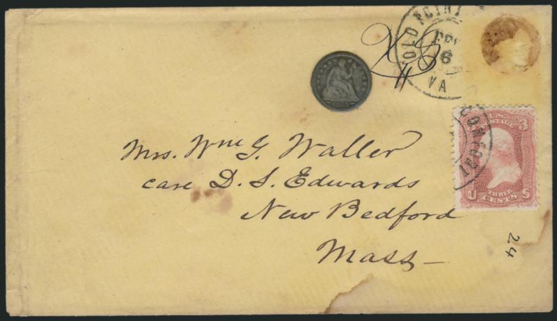 3c Rose (65).> Tied by Old Point Comfort Va. Feb. 6 double-circle datestamp on <flag-of-truce> yellow cover to New Bedford Mass., stamp lifted to show brown mucilage remnants where a <Half-Dime coin> was
affixed, censors mark beneath datestamp, re