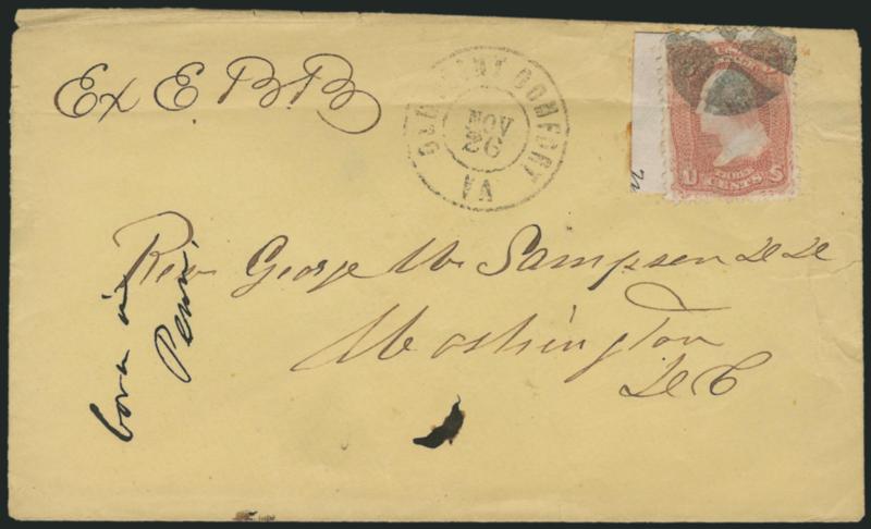 3c Rose (65).> Tied by quartered cork cancel over paper and mucilage use to affix 3c coin on <South-to-North flag-of-truce> cover to Washington D.C., Old Point Comfort Va.Nov. 26 double-circle datestamp, ms. Ex
E.B.B. censors marking, horizontal