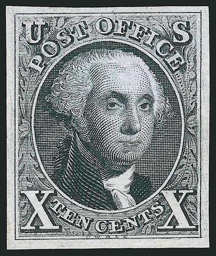 10c Black, Reproduction (4).> Without gum as issued, large margins, bright shade, crisp impression, Extremely Fine, a pretty stamp, with 2002 P.S.E. certificate (XF 90 SMQ $1,350.00)