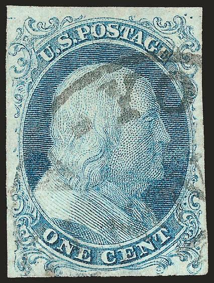 1c Blue, Ty. I (5).> Position 7R1E, <clear to large margins all around> including small part of sheet margin at top, rich color in the distinctive bright Plate 1 Early shade, proof-like impression, neat strike of
New-York Nov. circular datestamp le