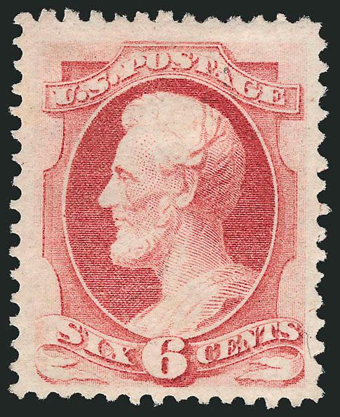 6c Carmine (148).> Original gum, lightly hinged, bright color, wide margins<><>^EXTREMELY FINE. THE 6-CENT 1870 NATIONAL BANK NOTE ISSUE IS EXTREMELY RARE IN THIS CHOICE ORIGINAL-GUM CONDITION.^<><>Unlike its
counterparts in the Continental and A
