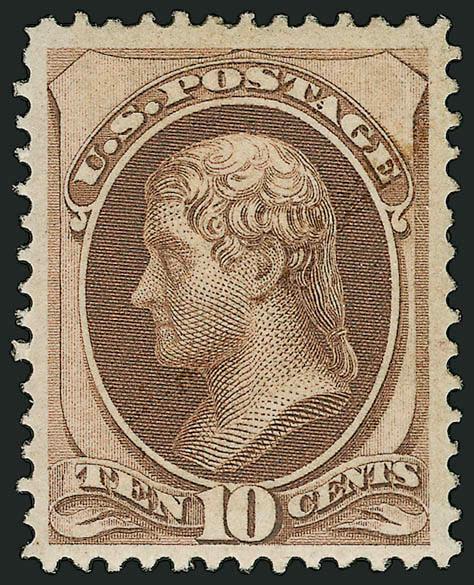 10c Brown (150).> Original gum, lightly hinged, intense color, wide margins<><>^EXTREMELY FINE. A RARE ORIGINAL-GUM EXAMPLE OF THE 10-CENT 1870 UNGRILLED NATIONAL BANK NOTE ISSUE.^<><>In searching past auction
catalogues, we have located precious