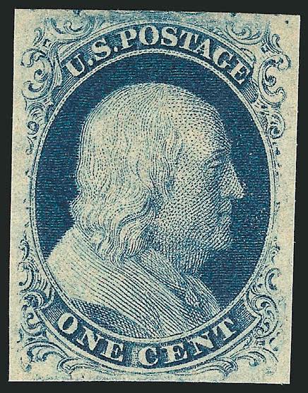 1c Blue, Ty. II (7).> Original gum, single hinge mark, large even margins all around, deep rich color and proof-like impression<><>^EXTREMELY FINE GEM. A SUPERB ORIGINAL-GUM EXAMPLE OF THE 1851 ONE-CENT TYPE II,
WHICH HAS BEEN GRADED XF-SUPERB 95 B