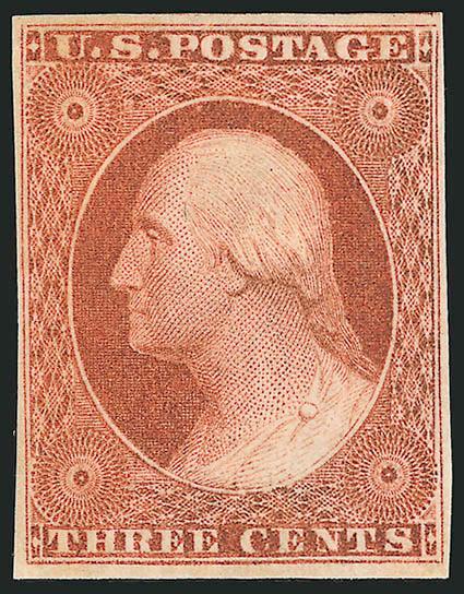 3c Orange Brown, Ty. II (10A).> Original gum, huge margins all around incl. part of adjoining stamp at top, deep rich color and proof-like impression<><>^EXTREMELY FINE GEM. A BEAUTIFUL ORIGINAL-GUM EXAMPLE OF
THE 1851 3-CENT IMPERFORATE ORANGE BRO