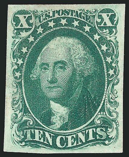 10c Green, Ty. III (15).> Original gum, large even margins, rich color on bright paper<><>^EXTREMELY FINE. A BEAUTIFUL ORIGINAL-GUM EXAMPLE OF THE IMPERFORATE 1855 10-CENT TYPE III.^<><>With 2006 P.F. certificate
(VF-XF 85 SMQ $7,350.00)