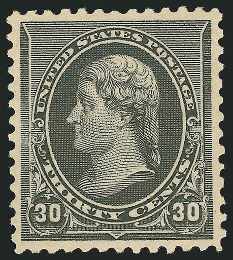 30c Black (228).> Mint N.H., intense shade and proof-like impression, almost perfectly centered<><>^EXTREMELY FINE. THE 30-CENT 1890 ISSUE IS RARE IN THIS SUPERB MINT NEVER-HINGED CONDITION.^<><>Ex Vineyard.
With 1979 and 1997 P.F. certificates