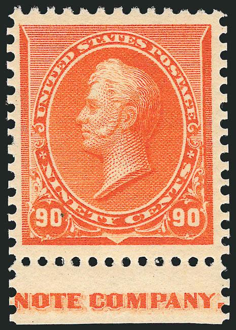 90c Orange (229).> Mint N.H. with <part imprint at bottom,> vibrant color as fresh as the day it was printed, gorgeous centering, perfs scissors-separated but full and intact, trivial natural inclusion at bottom
left<><>^VERY FINE AND CHOICE. A BEA