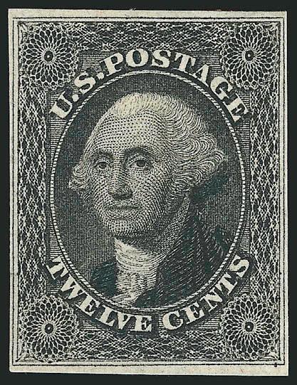 12c Black (17).> Original gum, lightly hinged, large margins to ample at sides, intense shade and proof-like impression<><>^VERY FINE AND CHOICE. A BEAUTIFUL ORIGINAL-GUM EXAMPLE OF THE 12-CENT 1851 ISSUE. SCARCE
IN SUCH WONDERFUL CONDITION.^<><>