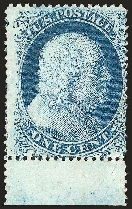 1c Blue, Ty. Ia (19).> Position 95L4 <with bottom sheet margin,> centered to right though still showing most of bottom right ornaments, unused (regummed), fresh color on bright paper, faults incl. small tear at
top, diagonal crease, one repaired perf