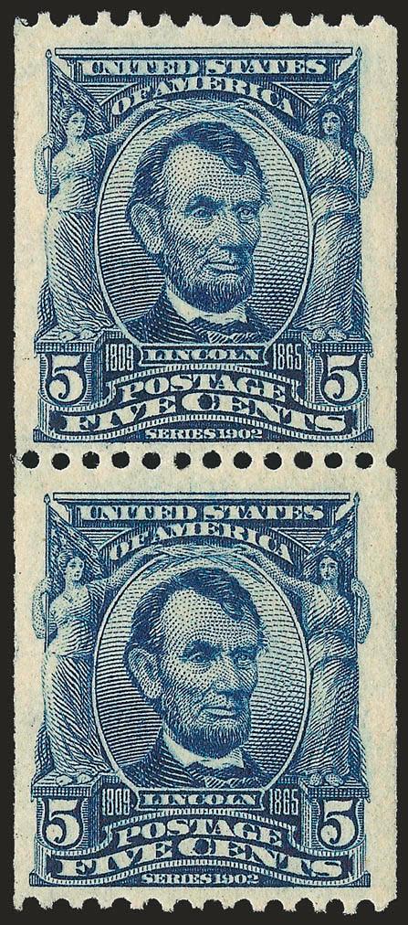 5c Blue, Coil (317). Mint N.H. pair,> deep rich color and proof-like impression on crisp paper, choice centering for this difficult issue<><>^VERY FINE AND CHOICE MINT NEVER-HINGED PAIR OF THE RARE 5-CENT 1908
VERTICAL COIL. THIS IS EXCEEDINGLY RAR