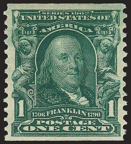 1c Blue Green, Coil (318).> Lightly hinged, deep rich color and proof-like impression<><>^VERY FINE AND CHOICE EXAMPLE OF THE ONE-CENT 1908 COIL, SCOTT 318.^<><>With 1955 P.F. certificate for pair. This issue is
rarely offered as a single.