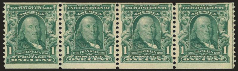1c Blue Green, Coil (318).> Strip of four with paste-up and guideline at right, small hinge remnants at top, deep rich color, end stamp at right has light vertical crease<><>^VERY FINE. A RARE STRIP OF FOUR OF
THE ONE-CENT 1908 HORIZONTAL COIL, SCO