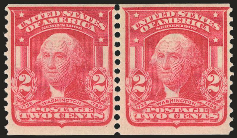 2c Carmine, Coil (322).> Pair, lightly hinged, brilliant color<><>^FRESH AND VERY FINE PAIR OF THE 2-CENT 1908 HORIZONTAL COIL.^<><>Armstrong notes that only 167 examples had been certified by the Philatelic
Foundation as of 1980. The frequency w