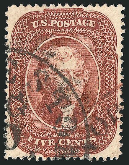 5c Red Brown (28).> Choice centering with wide margins which are clear of projections on all sides, neat strikes of Charleston circular datestamp and red circular datestamp, long and full perfs all
around<><>^EXTREMELY FINE. A BEAUTIFUL USED EXAMPL