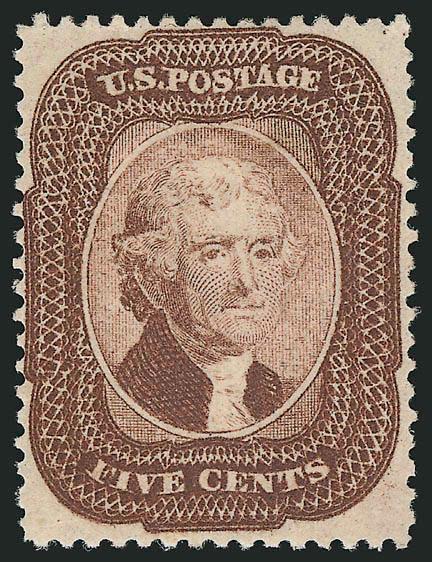 5c Brown (29).> Original gum, lightly hinged, choice centering for this difficult issue with perfs clear of outer projections on all sides, rich color and detailed impression on bright paper, long and full
perforations all around<><>^VERY FINE AND