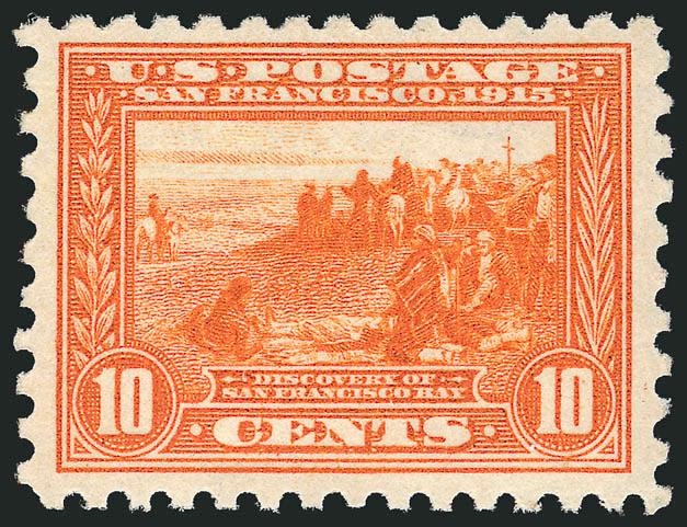 10c Panama-Pacific, Perf 10 (404).> Mint N.H., vibrant color as fresh as the day it was printed, wide margins and choice centering for this difficult issue, Very Fine, the 10c Perf 10 is seldom encountered in
this choice Mint N.H. condition, with 200