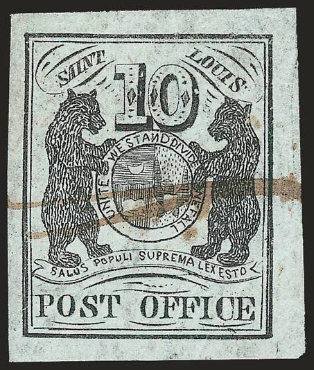 St. Louis Mo., 10c Black on Greenish (11X2).> Type I, Position 2, large to huge margins all around, crisp impression, neat penstroke cancel, small closed tear at right in margin only, small scissors-cut at bottom
in margin only<><>^EXTREMELY FINE A