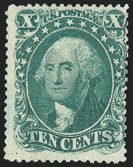 10c Green, Ty. I (31).> Full original gum which has been slightly disturbed (described on accompanying certificate as unused, original gum, previously hinged), bright color and detailed impression, expertly
repaired at bottom where there was a pull