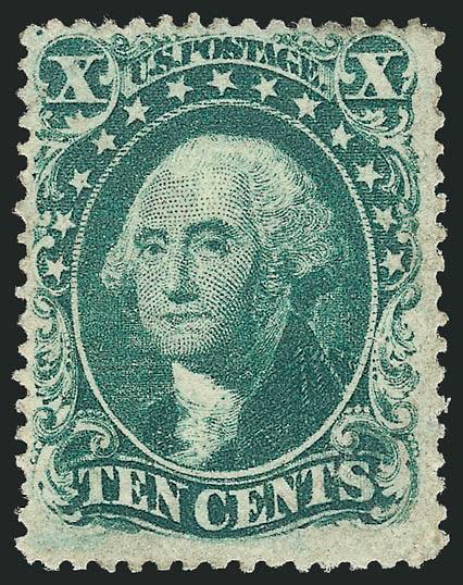 10c Green, Ty. II (32).> Traces of original gum, bright color, light corner crease at top left, Fine appearance, a scarce unused example of this issue, with 2003 P.S.E. certificate, Scott Retail as original
gum