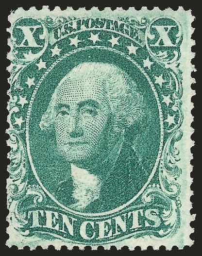 10c Green, Ty. IV (34).> Position 55L1, unused (no gum), radiant color on bright paper, detailed impression, unpunched perf at left<><>^FINE. A RARE SOUND UNUSED EXAMPLE OF THE 1857 10-CENT TYPE IV. A GREAT
RARITY OF THE ISSUE.^<><>The 1857 10c T