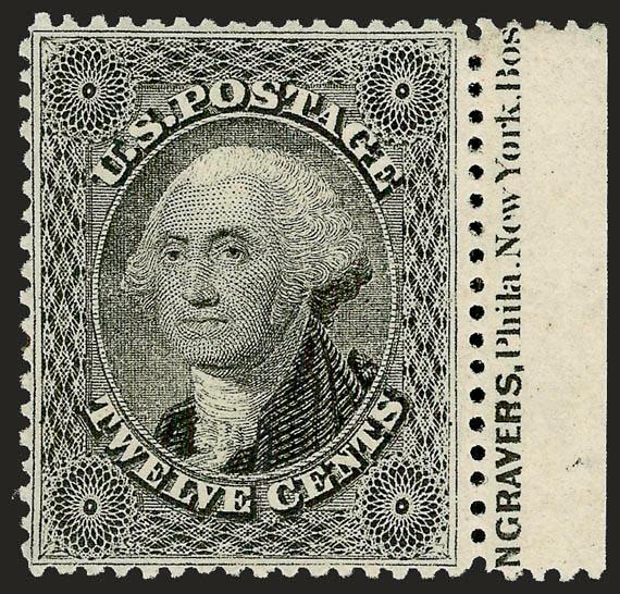 12c Black (36).> Position 50R1 with <(E)NGRAVERS, Phila. New York, Bos(ton) portion of Toppan, Carpenter, Casilear & Co.s Type I imprint in right sheet selvage,> original gum, lightly hinged, choice centering
with perfs clear of framelines on all