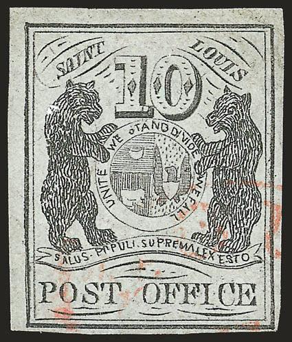 St. Louis Mo., 10c Black on Gray Lilac (11X5).> Type II, Position 4, large margins to well clear at bottom, <without pen cancellation, cancelled solely by lightly-struck red circular datestamp><><>^VERY FINE AND
CHOICE. A SCARCE EXAMPLE OF THE 10-C